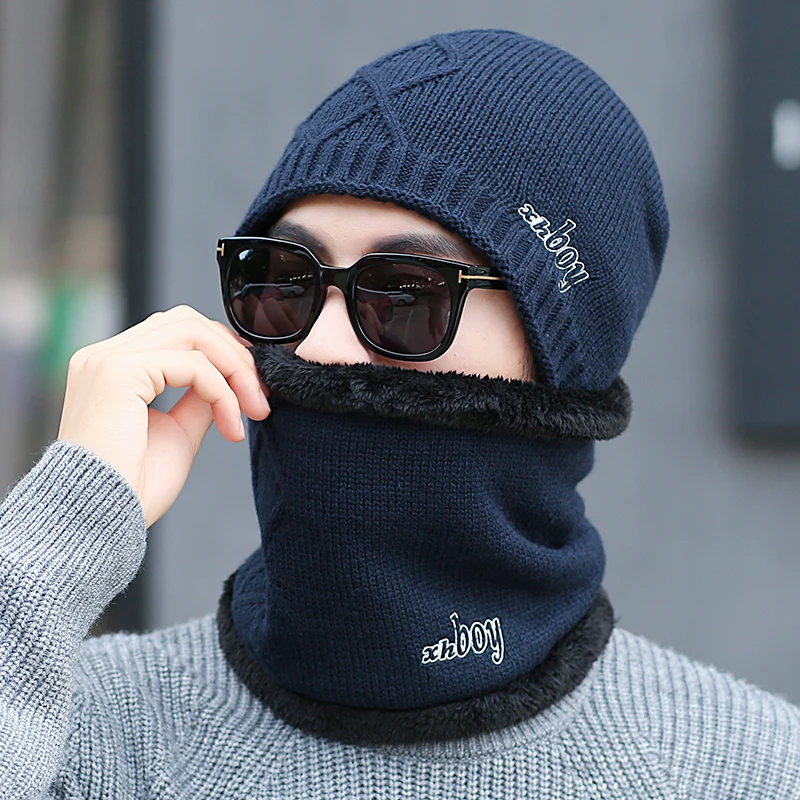 Winter men's knitted cotton hats warm and comfortable loose ski scarf mask caps exquisite embroidery plus velvet thick Beanies |
