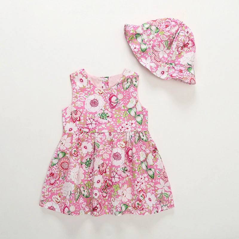 

Cute Toddler Kids Baby Girls Sleeveless Floral Dress Princess Dress Jumpsuit Outfits Clothes Summer clothing+cap Set 2 pcs