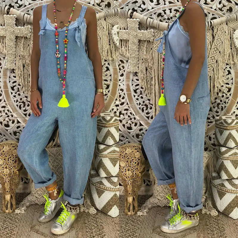 

Fashion Women Sleeveless Denim Jeans High Street Playsuits Overalls Straps Jumpsuit Romper Straight Trousers NEW Plus Size S-2XL
