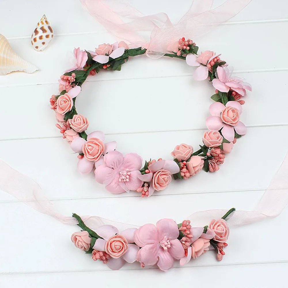 light pink Лента для волос ручной работы цветок аксессуары для волос искусственные цветочные женщины девушка свадебное украшение для головы на выпускной венок-корона с браслетом - Цвет: light pink