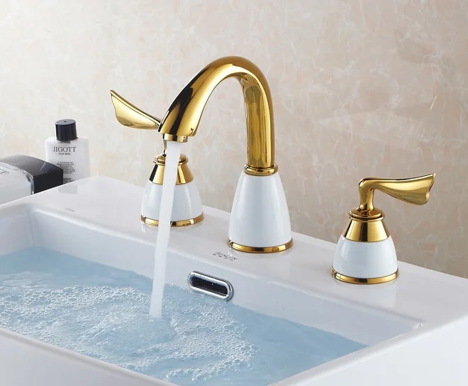 Золотой Ti PVD и белый двух ручки торгово люкс латуни ванной туалетная вода комнаты