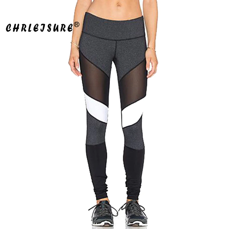 Женские леггинсы для фитнеса CHRLEISURE черно белые эластичные с сетчатой вставкой
