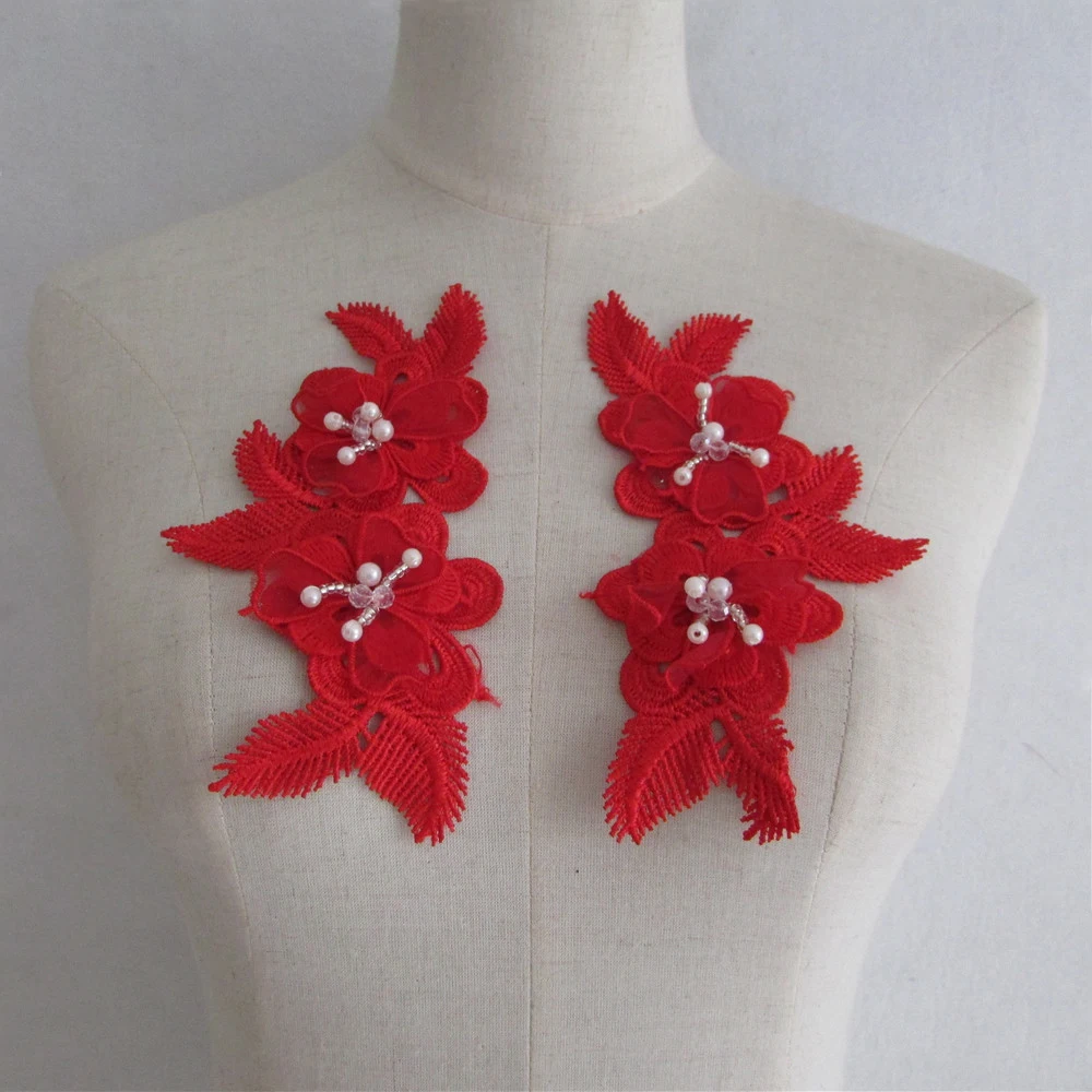 Two pairs red Flower w beaded vintage embroidered patch applique dress clothing sewing accessories Diy decoration | Дом и сад