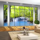 Фотообои 3D с окном, лесным водопадом, природным ландшафтом, фресками для гостиной, ТВ, дивана, фоном, настенная ткань 3 D, Papel De Parede
