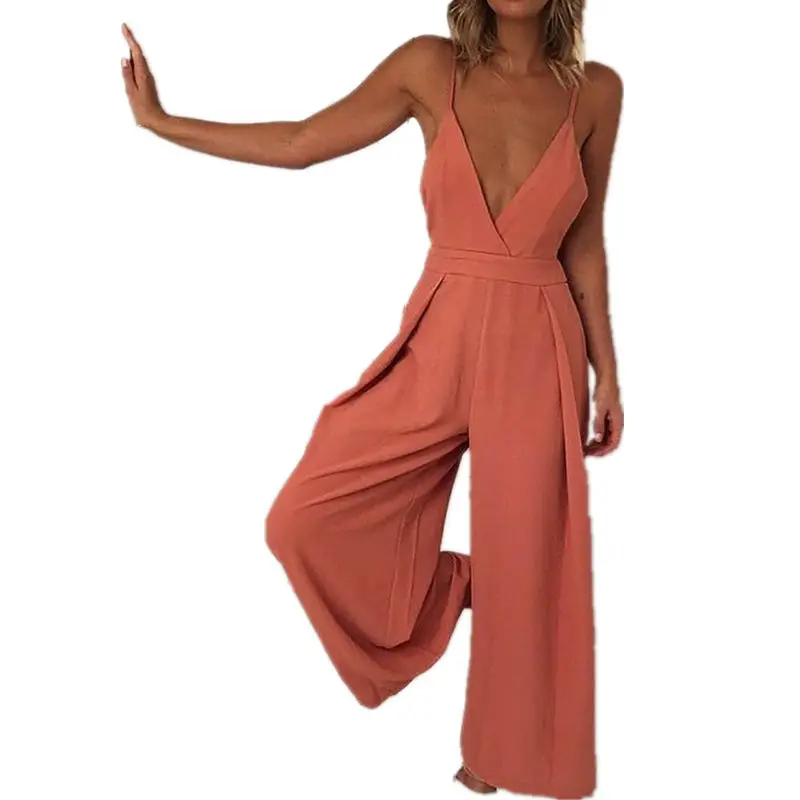 Sexy V Neck Backless Strap Jumpsuit Women Summer 2018 Casual Loose Long Overalls for Orange Romper Bodysuit Pants with Bow | Женская