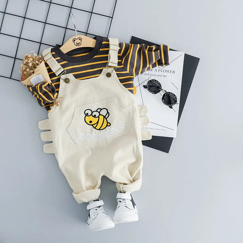 Newborn Baby Boy Outfits Clothes Striped Shirt+Cartoon Bee Overalls Bib Pants 2PCS Outfit Set Spring Autumn Kids Infant Costume |
