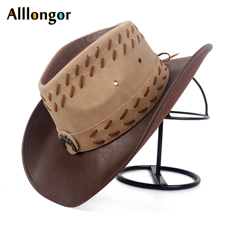 Ковбойская шляпа из кожи для мужчин летняя винтажная ковбойская с широкими