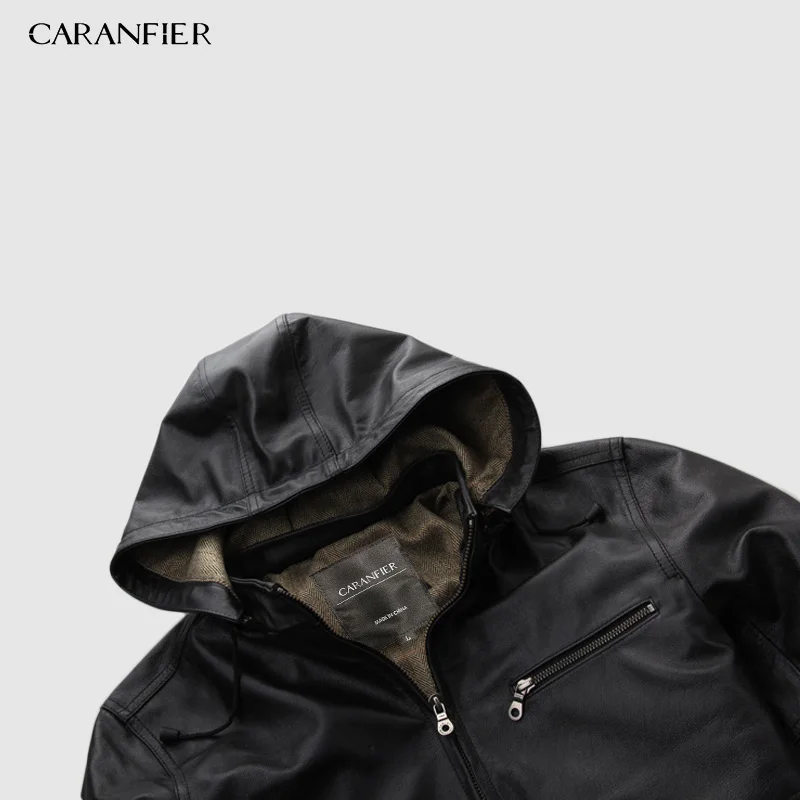 CARANFIER Новинка Мужская Черная куртка с капюшоном из натуральной коровьей кожи Натуральная воловья кожа Повседневная зимняя русская куртка DHL