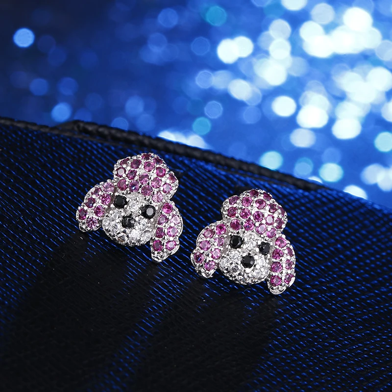 

100% 925 sterling silver cute dog animal shiny crystal ladies stud earrings jewelry Anti allergy female birthday gift women