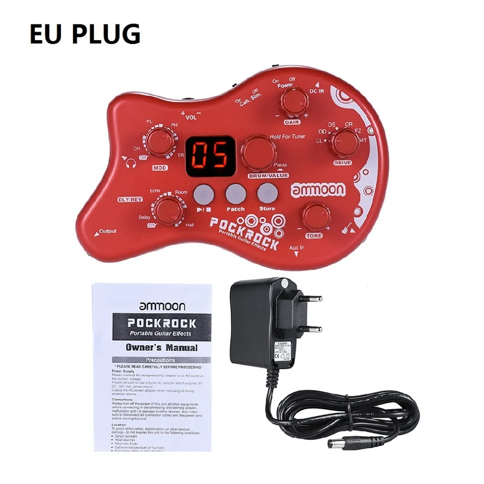 Red EU Plug Горячая ammoon PockRock гитарная педаль мультиэффектов процессор педаль эффектов 15 типов эффектов с адаптером питания - Цвет: Red EU Plug