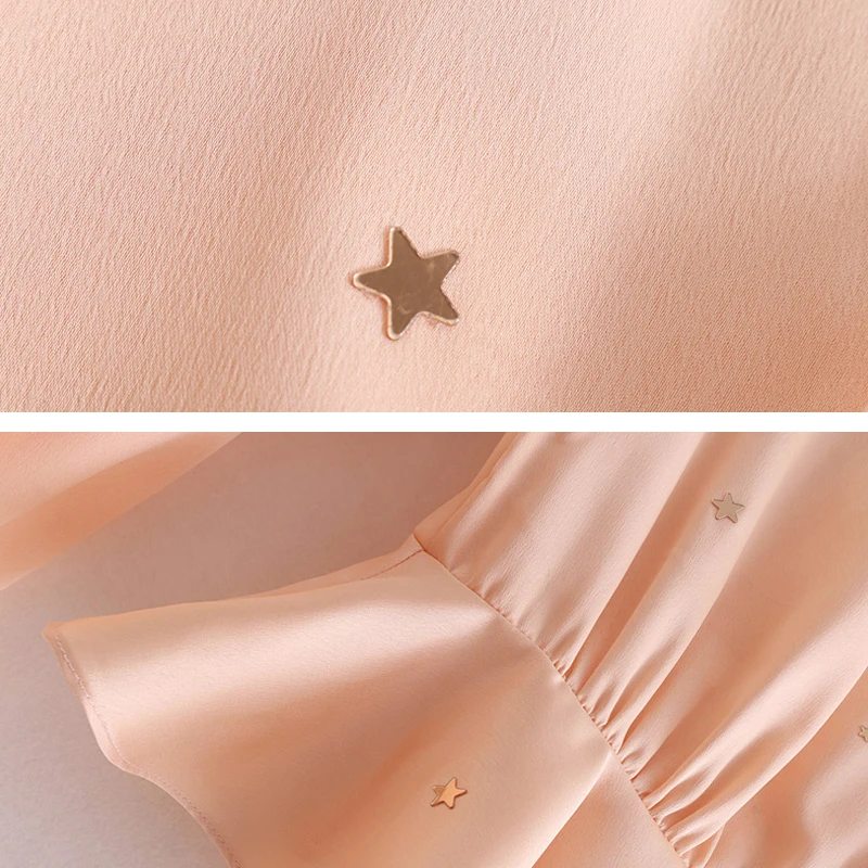 

YNZZU Elegant Womens Tops and Blouses Stars Sequin Satin Deep V Neck Long Sleeve Female Blouse Ruffle Slim blusa feminina YT405