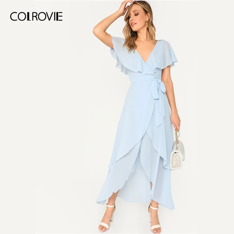 COLROVIE, синее, с v-образным вырезом, с поясом, с запахом, асимметричное, элегантное, накидка, платье для женщин,, летнее, ТРАПЕЦИЕВИДНОЕ, для офиса, для девушек, длинные платья