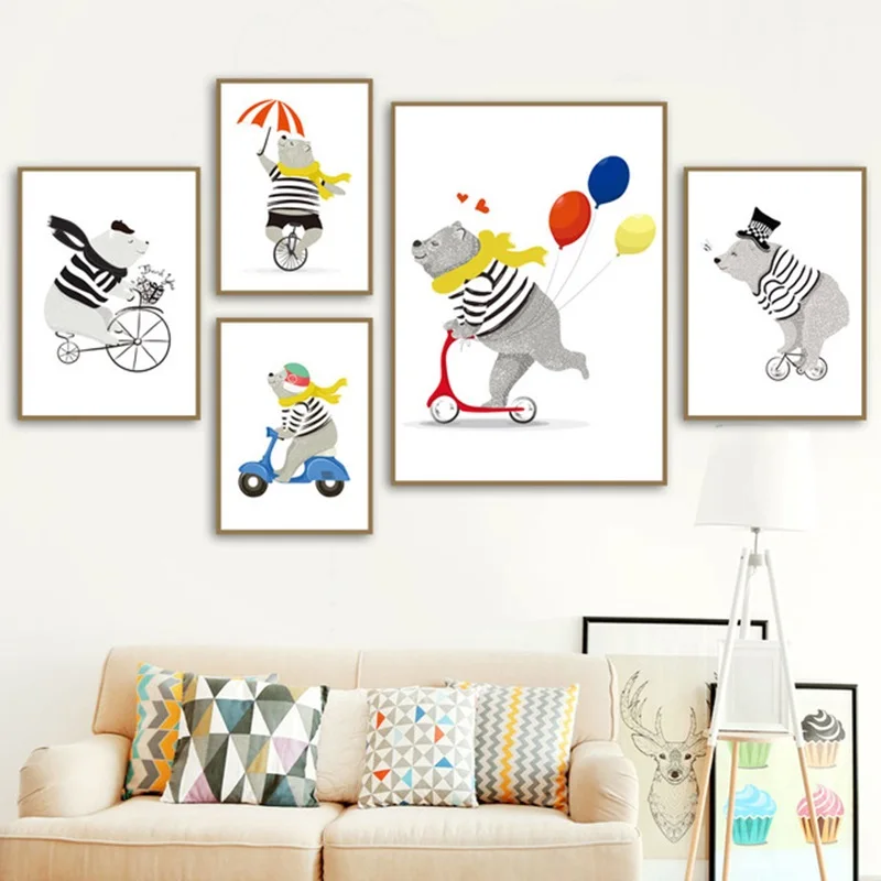 

Nordic Cartoon Posters and Prints Cute Grizzly Beer Balloon Motor Bike Canvas Painting Nursery Kids Room Decoration Wall Picture