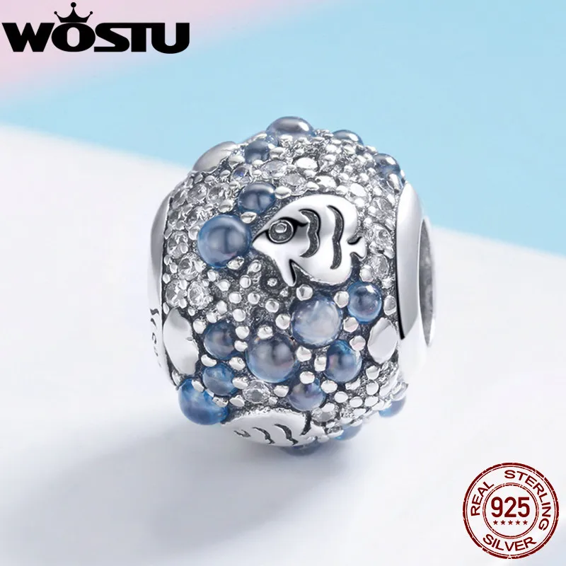 WOSTU, высокое качество, 925 пробы, серебряный, морской мир, рыбки, шарм, бусина для оригинала, сделай сам, браслет, Серебряное ювелирное изделие, подарок, CQC932