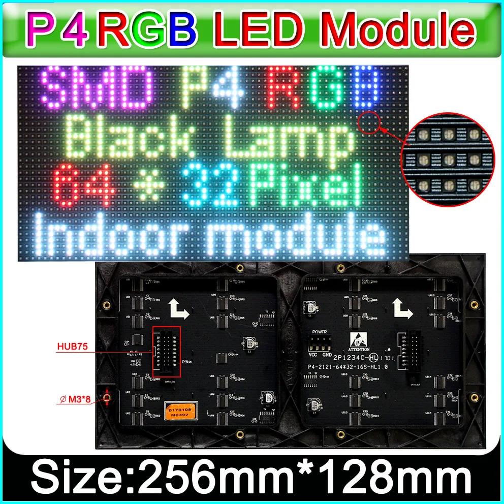 

2022 NEW RGB P4 LED displays module, SMD 3 in 1 RGB P4 Indoor full color led panel, 256mm*128mm 64*32dots,