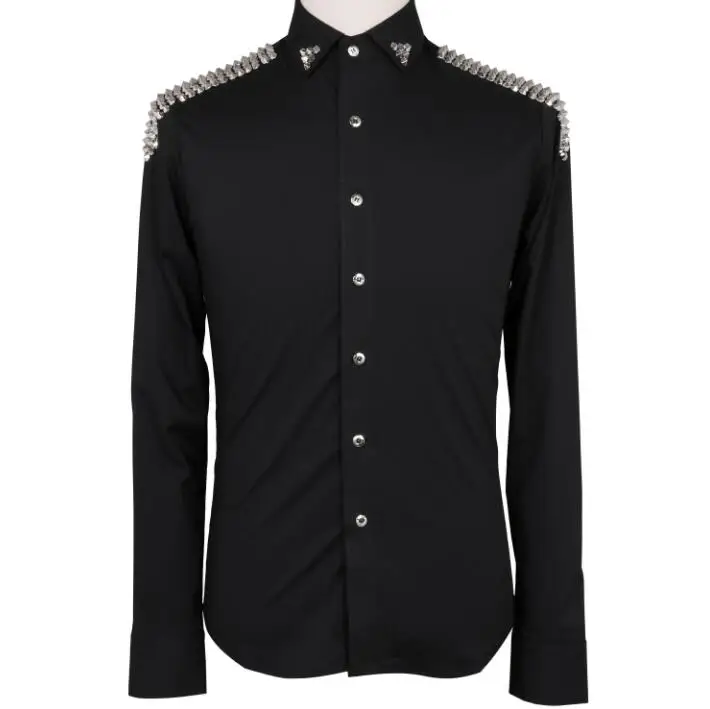 Модный бренд Повседневное Для мужчин рубашки Бизнес Slim Fit Черный и белый сценический Мужской рубашка для певца певец этап Для мужчин рубашки в полоску с заклепками