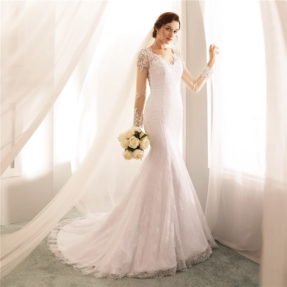 Ryanth Vestido de noiva иллюзия сзади свадебные платья Русалочки с длинными рукавами