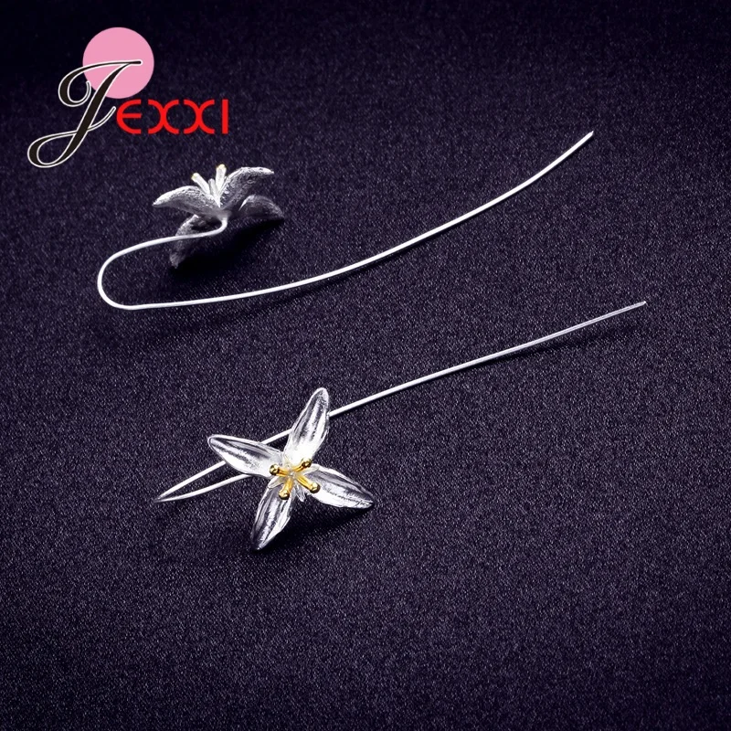 Простые 925 пробы Серебряные длинные серьги в форме цветка капли с цветами лилии