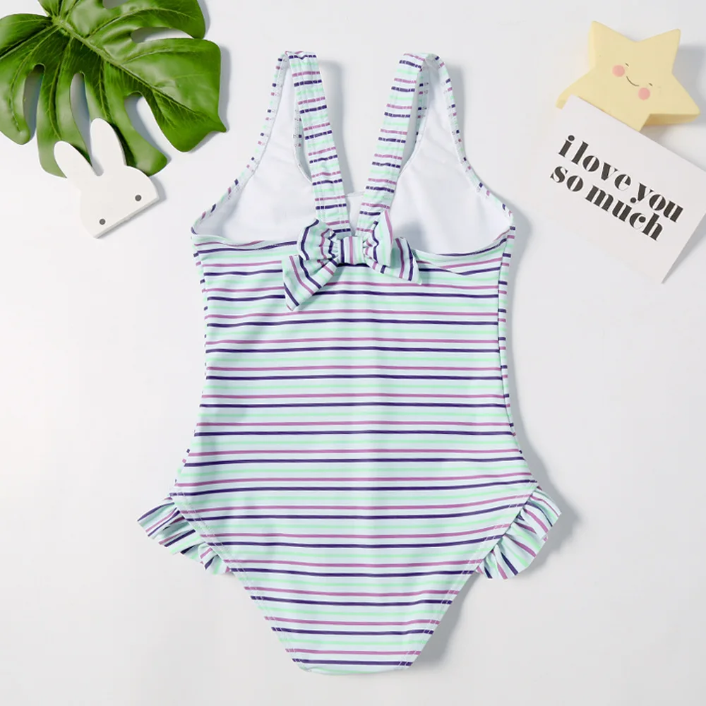 Детский костюм в полоску с рюшами для девочек купальный детей бантом виде