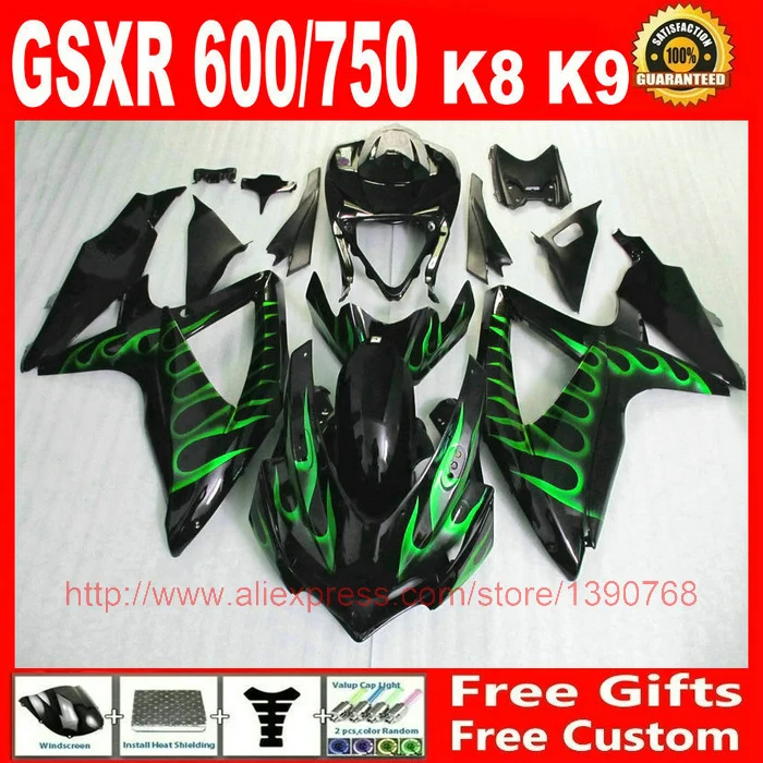 Комплект обтекателей на заказ для Suzuki GSXR600 GSXR 750 08 09 10 комплект с зеленым пламенем