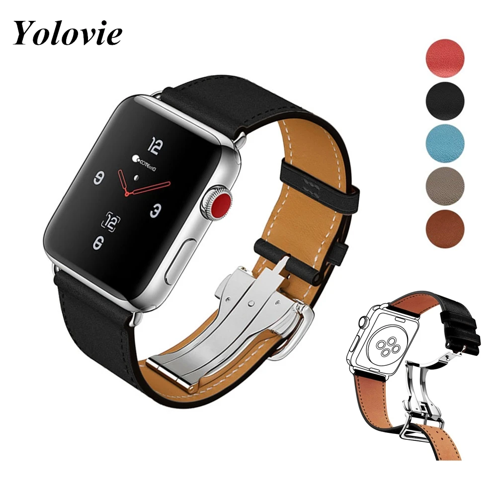 Ремешок Yolovie из натуральной кожи для Apple Watch 40 мм 44 металлический браслет с пряжкой