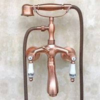 antique red copper brass double ceramic handles wall mounted claw foot bathroom tub faucet mixer tap with handshower mtf802