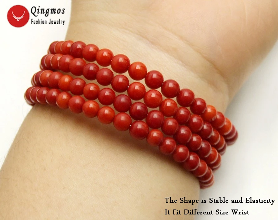 

Qingmos Trendy Natural Red Coral Bracelets for Women with 4-5mm Round Coral Steel Wire Wrap Bracelet Fine Jewelry 28'' bra448
