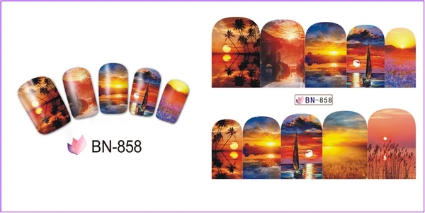 12 упак./лот переводка NAIL ART наклейки на ногти полное покрытие картина маслом закатом солнца пальма в виде кленового листа галактического неба, BN853-864