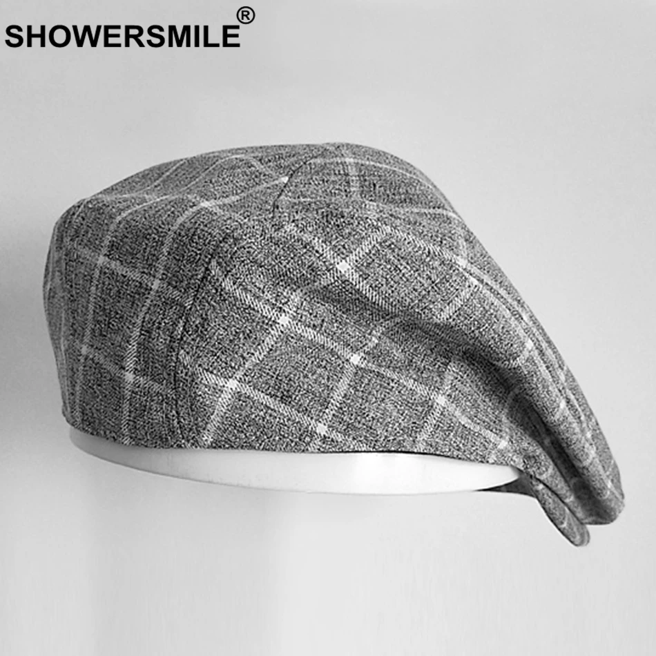 SHOWERSMILE, повседневная мужская кепка, летняя, льняная, берет, шапка, мужская, в клетку, серая, гусиная лапка, дышащая Кепка, s бренд, Duckbill, кепки для езды