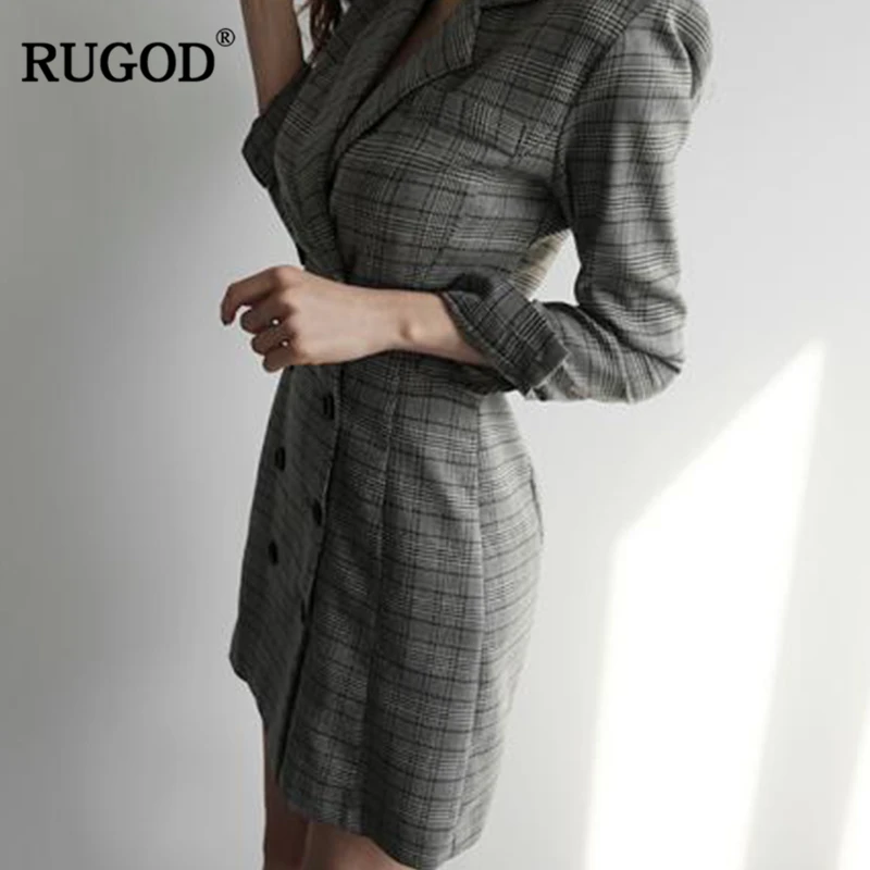 RUGOD Корейский пиджак Платье Офисные женские платья с запахом Мини плед