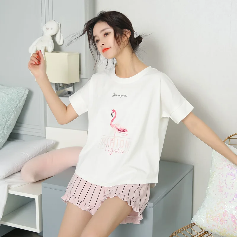 2018 летние хлопковые Пижамные комплекты с принтом фламинго Женские топы круглым