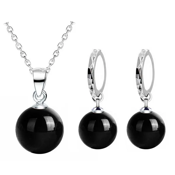 agate black Натуральный лунный камень, красный черный шар, 8 мм, ожерелье, серьги, Модный Ювелирный Набор, качественный посеребренный Шарм для женщин, подарки на день памяти - Окраска металла: agate black