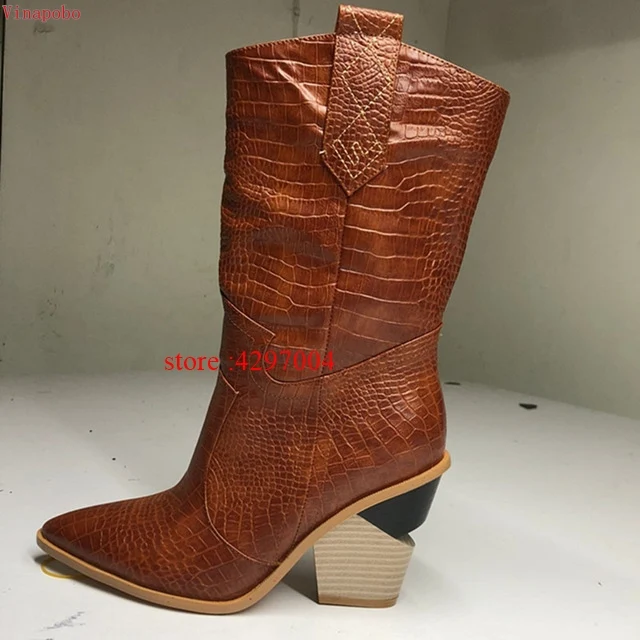 Fashion Cowboy Ankle Boots Women Shoes Pu Leather Wedge Chunky High Heel Boots Snake Print Western Cowgirl Boots Black PINK - Цвет: as the picture