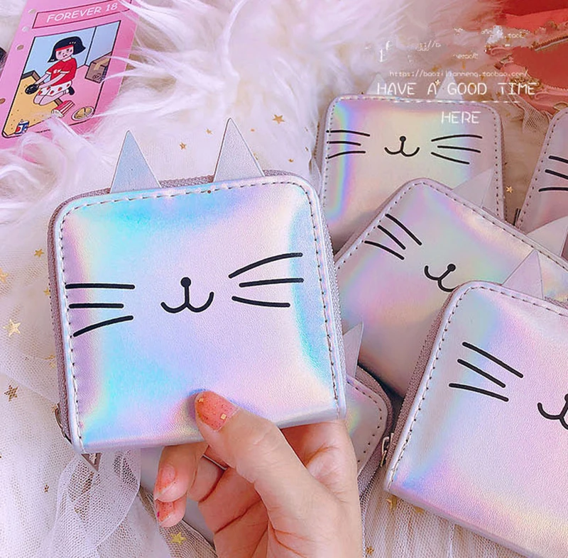 Женские кожаные кошельки с мультяшным котом Kawaii, короткий кошелек, ПУ кошелек для монет, маленький клатч на молнии, Женский банковский держатель для карт, кошелек