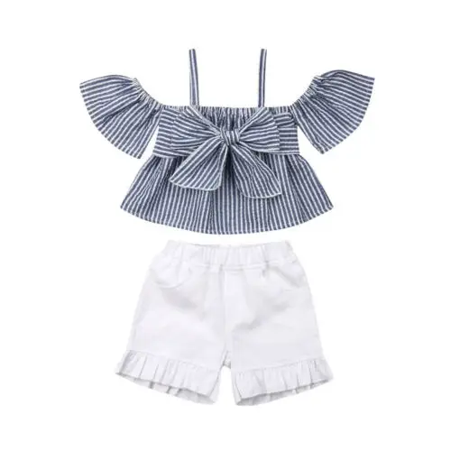 

Baby Girl Kid Clothes Bow Top T-shirt + Shorts Pants Outfit Set New Baby Summer Set Stripe Bow Lace Up Top + Short