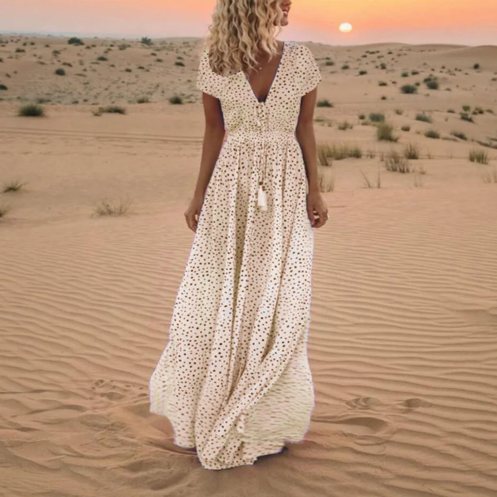 Vestido de festa longo, женское летнее платье, короткий рукав, в горошек, с кисточками, v-образный вырез, длинные платья, винтажная пляжная туника, макси платье, Saia