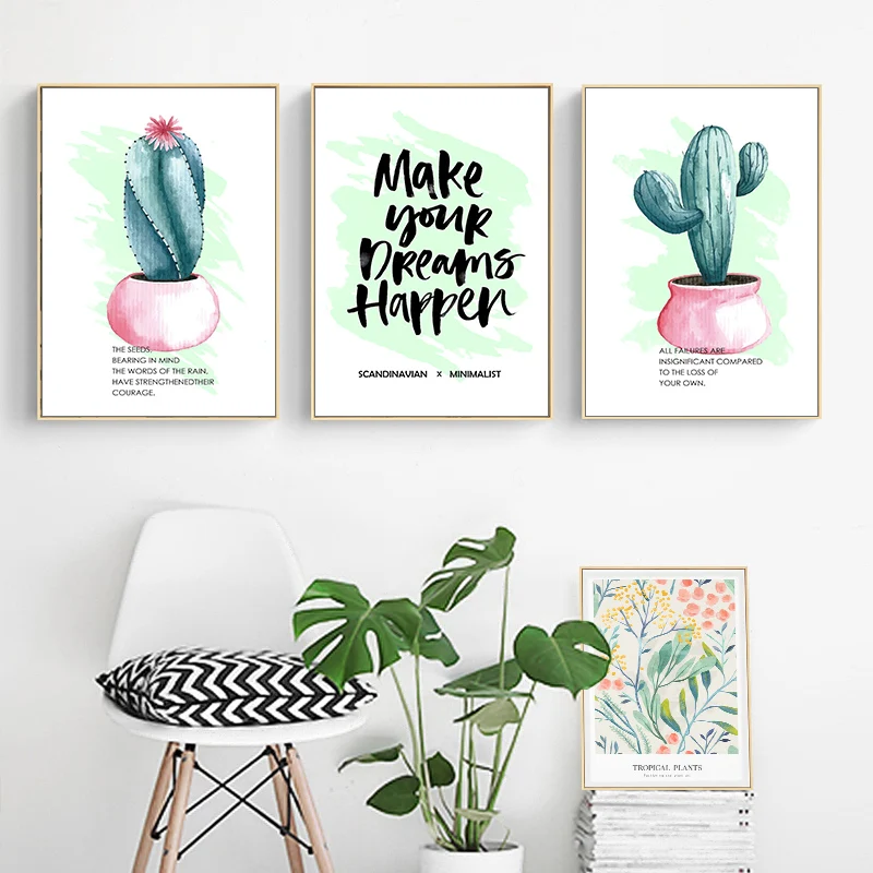 Nordic Watercolour Pink Plant Print Green cactus Art Canvas Painting Life Quotes Wall Poster Minimalist Picture for Living Room | Дом и сад