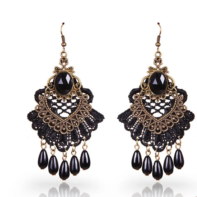 Черные Ажурные кружевные серьги с искусственным жемчугом длинные висячие