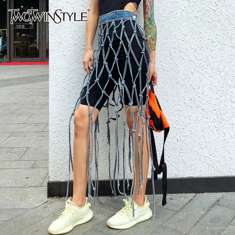 TWOTWINSTYLE выдалбливают джинсовая женская юбка с высокой талией Нерегулярные шорты