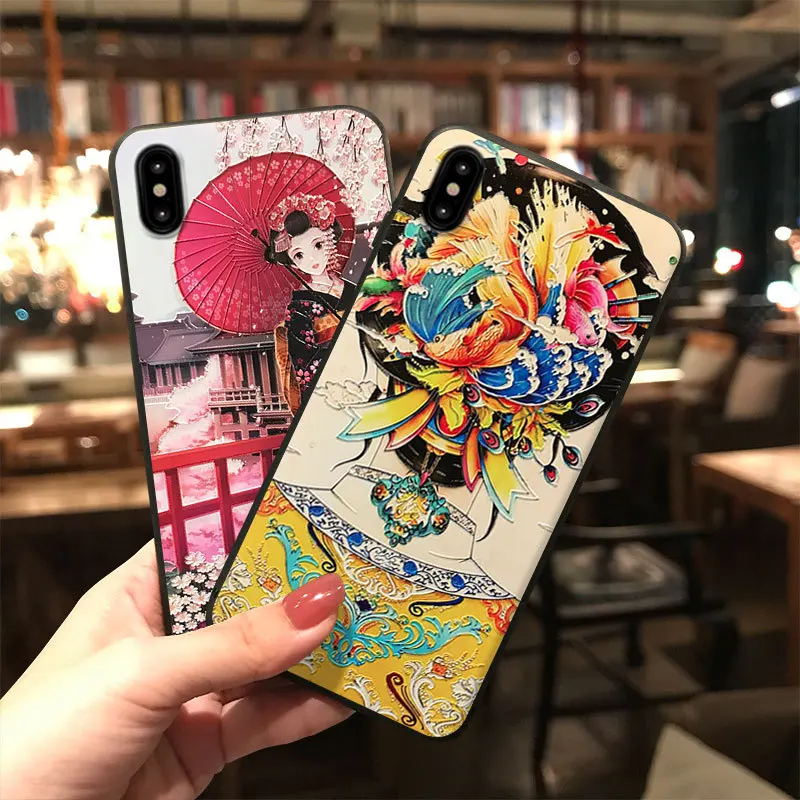 Японское кимоно девушка тисненый чехол для телефона для iPhone 6 6S 7 8 Plus X XS MAX XR Капа мягкая ТПУ задняя крышка для OPPO R15 R17 Coque