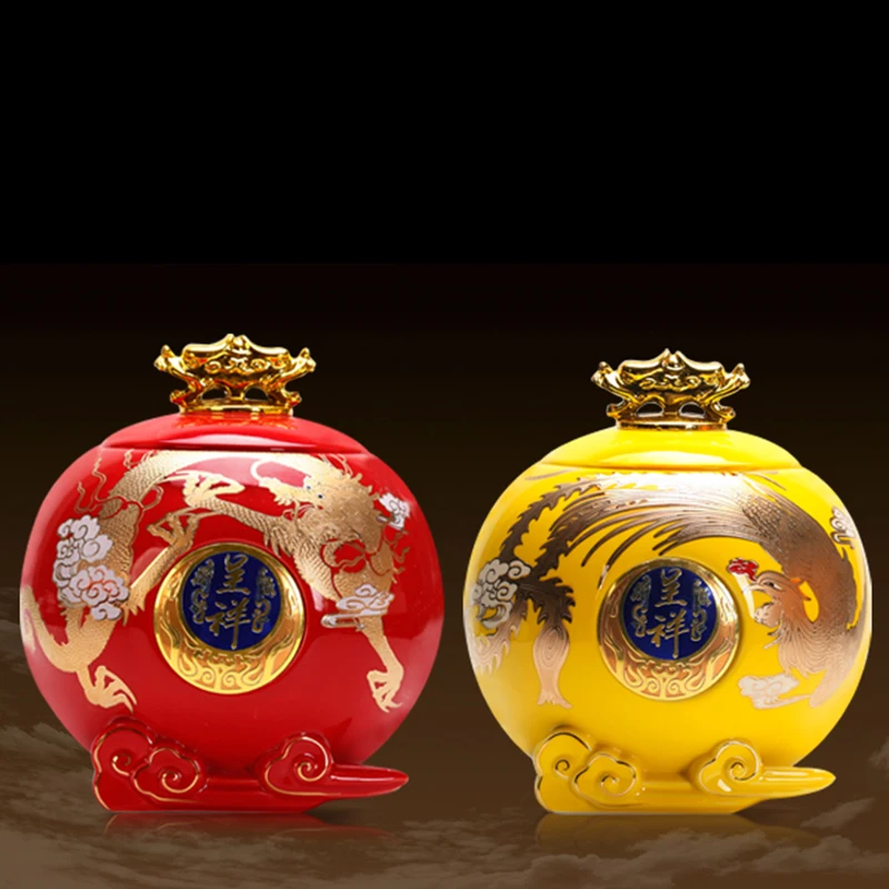 

Chinese Vintage Phoenix Dragon Pattern Ceramic Tea Cans Tea Set Puer Tea Jar Coffee Beans Candy Canister Bottle Home Decorations