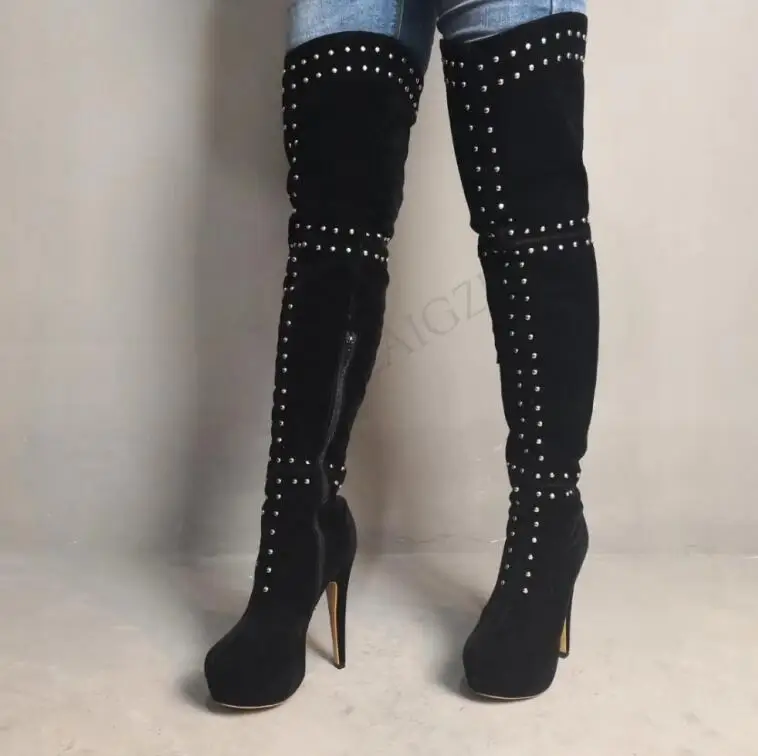 LGZ300 Faux Suede LAIGZEM/пикантные женские сапоги до бедра вечерние сапоги в стиле панк на высоком каблуке с молнией Botines Mujer, большие размеры 50, 51, 52 - Цвет: LGZ300 Faux Suede