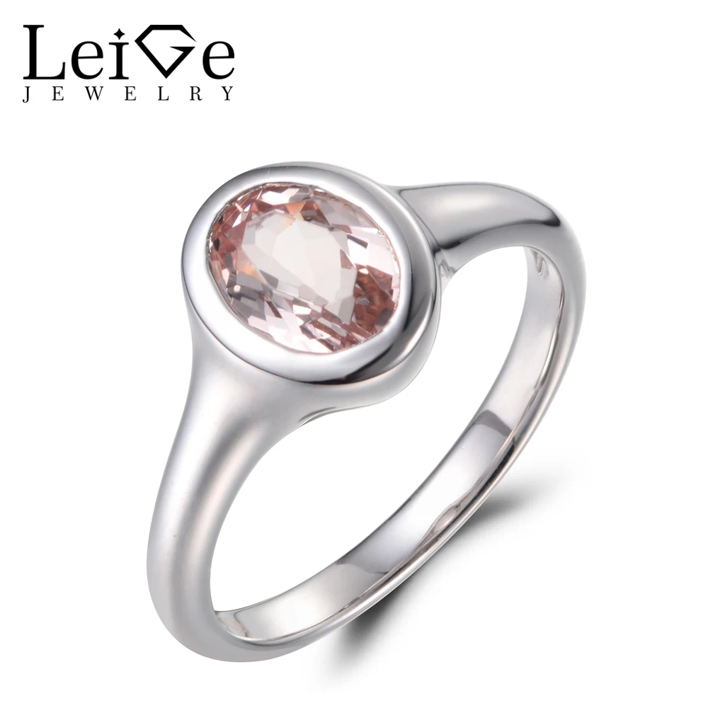 

Leige Jewelry Natural Pink Morganite Engagement Ring Real 925 Sterling Silver Oval Cut Gemstone Solitaire Ring Romantic Rings