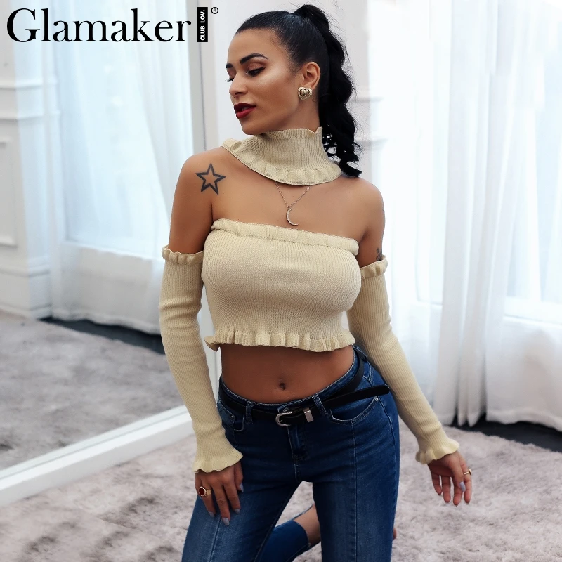 Glamaker Ruffle cold shoulder turtleneck sexy sweater Women halter long sleeve pullover Knitted backless summer party jumper | Женская