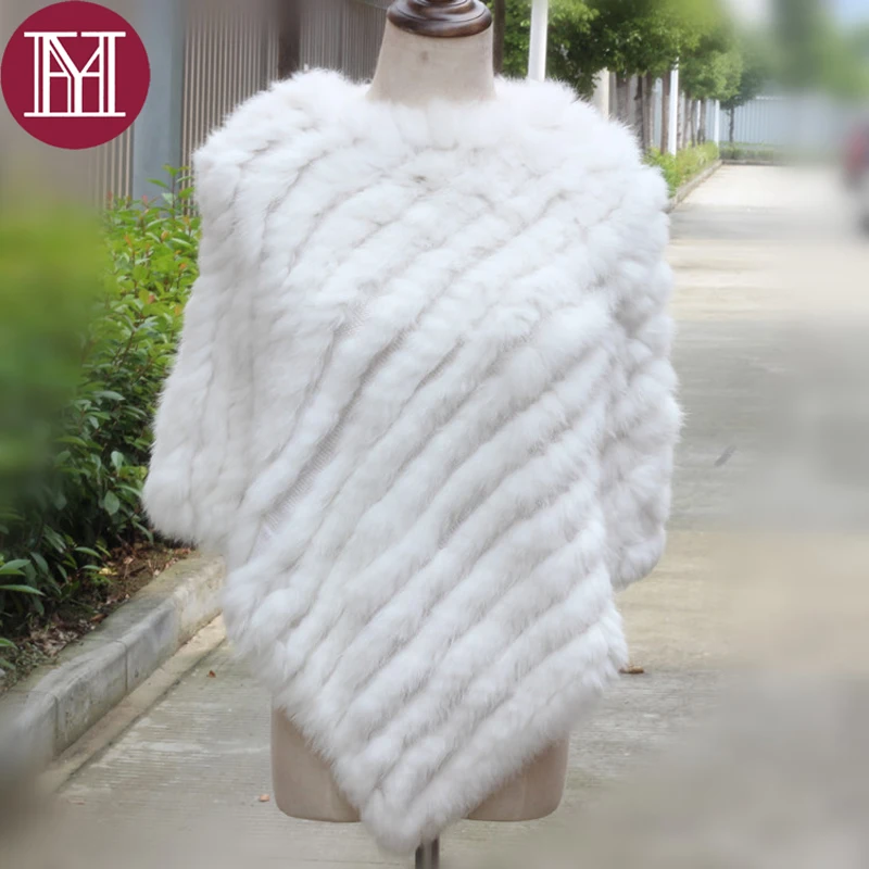 Женский вязаный пончо из кроличьего меха демисезонный шарф-накидка натурального