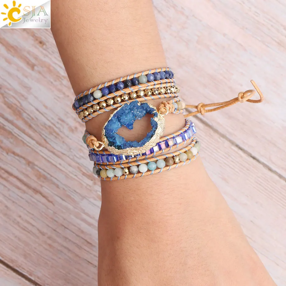 CSJA Boho браслеты из натурального камня с бусинами Многослойный кожаный браслет ручной работы позолоченный синий друзы Подвески Ювелирные изделия S433