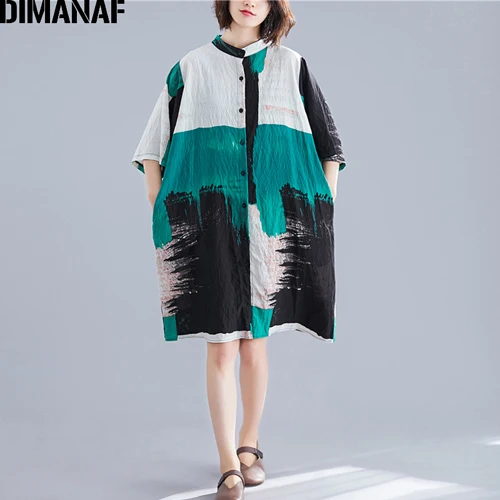 Ben98940CN-green Женская льняная блузка DIMANAF, длинная хлопковая рубашка большого размера, повседневное базовое платье-рубашка свободного кроя, винтажное просторное платье для лета - Цвет: Ben98940CN-green