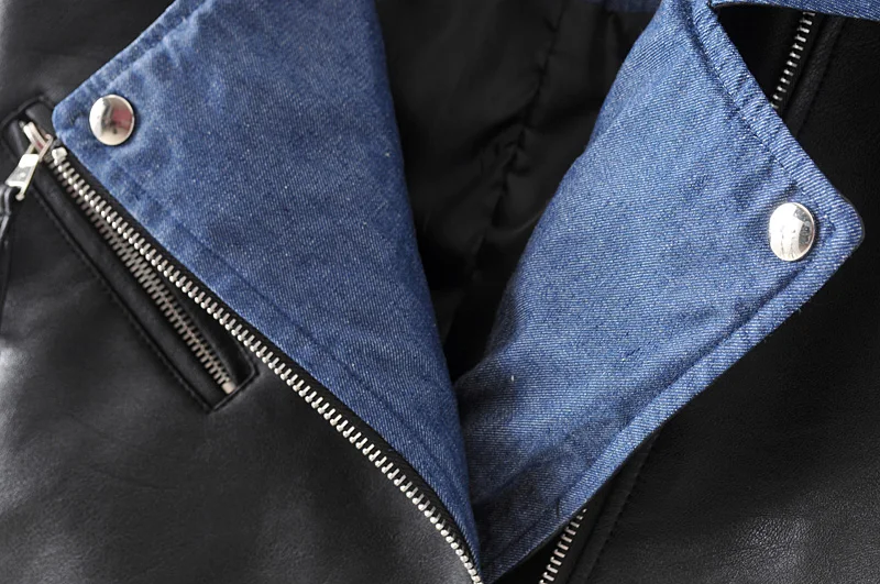 Женская куртка из ПУ кожи с джинсовыми вставками Осеннее мотоциклетное пальто