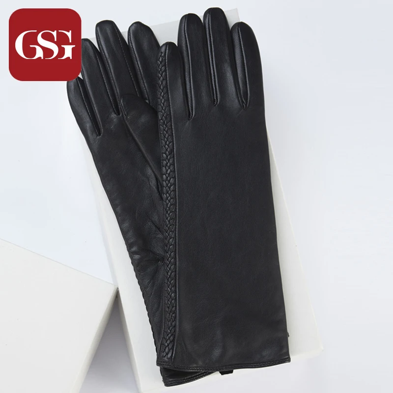 

GSG Women Mid Long Gloves Genuine Leather Knitted Lining Female Windproof Warm Lambskin Winter Gloves Colored Fashion Mittens