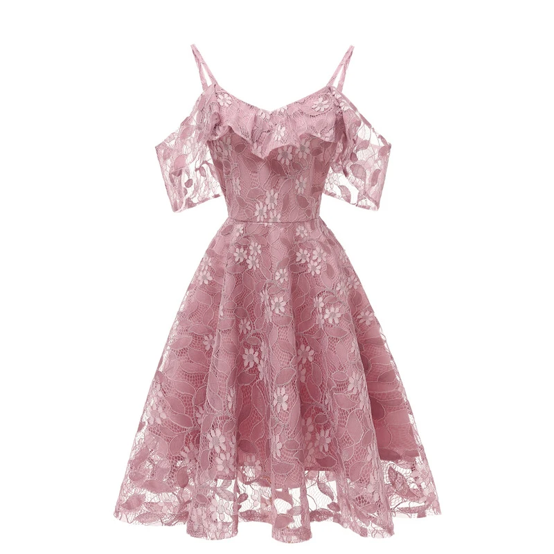 Lace Spaghetti Strap Women Dress 2019 New Slim Big Swing Solid color Party Club Dresses Summer off shoulder short Sundress | Женская
